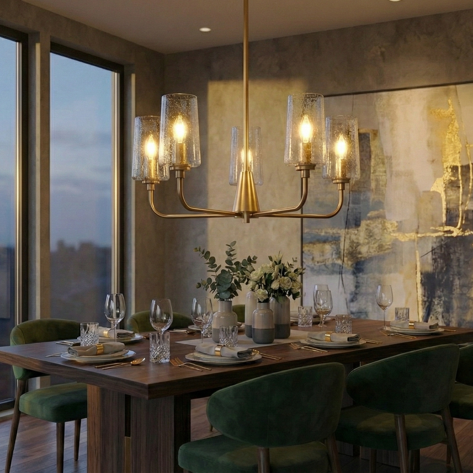 Satin Brass 5-Light Seeded Glass Chandelier for Restaurant Dining Areas — view 5