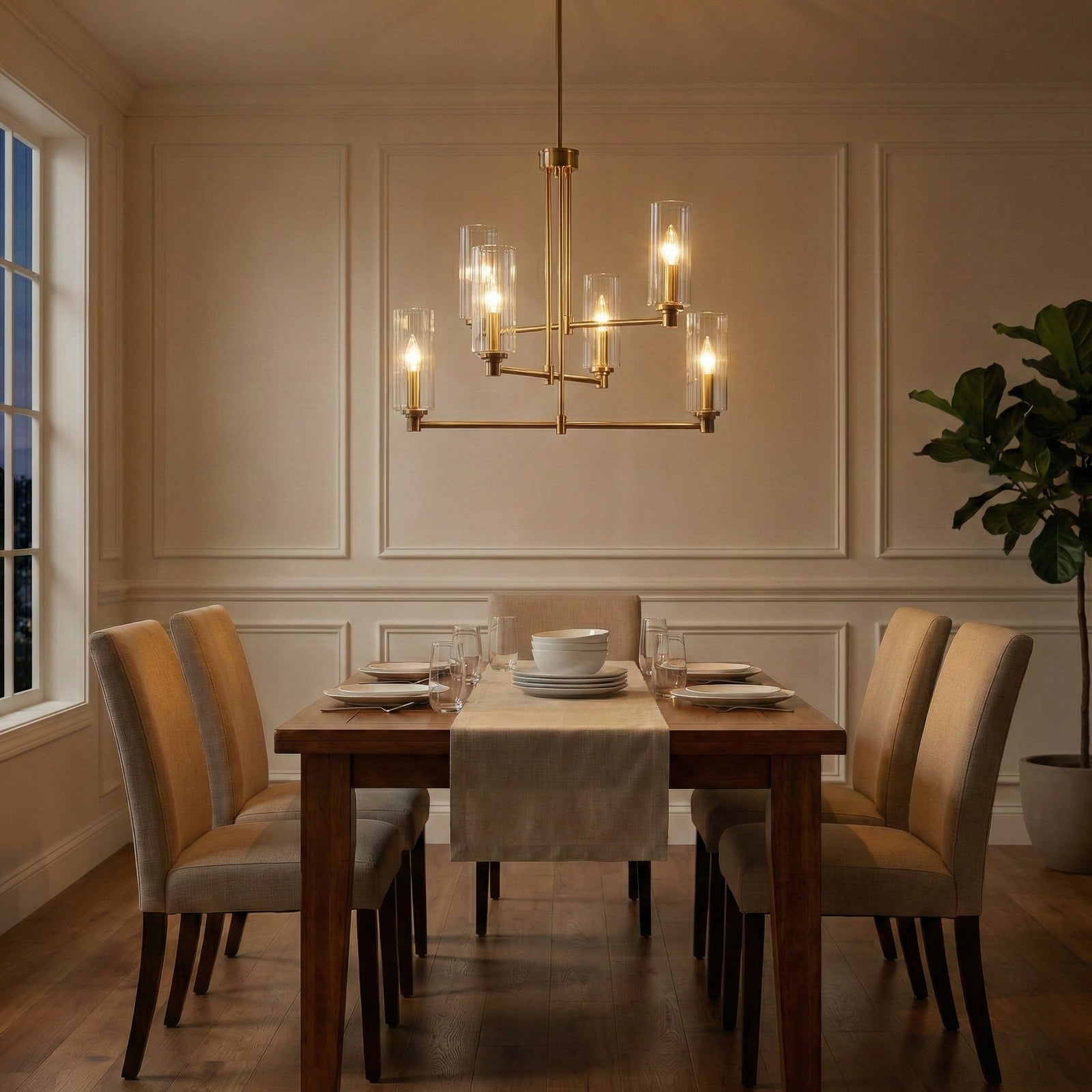 Satin Brass 6-Light Ribbed Glass Chandelier for Restaurant Dining Rooms — view 1