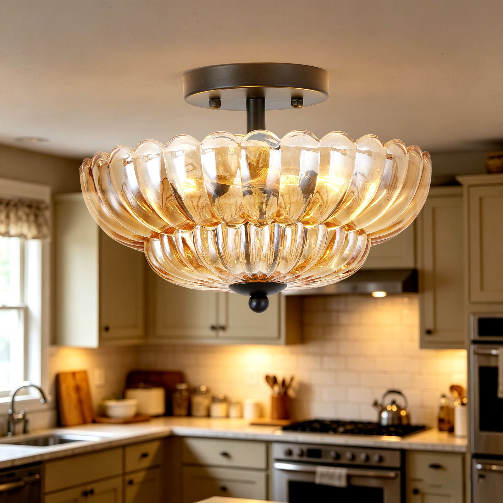 Amber-Glass 3-Bulb Flush Ceiling Light — Modern Dining Room — view 1