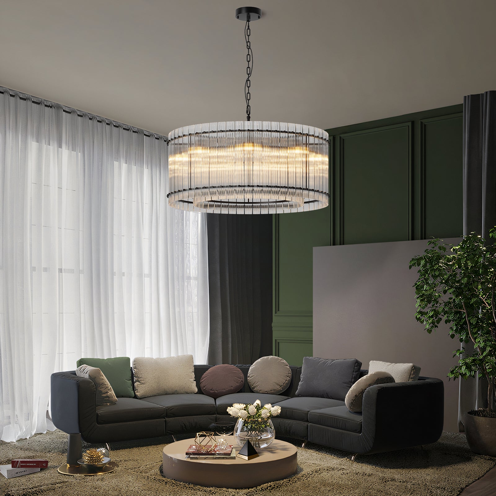 Modern Black Round Water-Ripple Crystal Chandelier for Restaurant Dining Rooms — view 3
