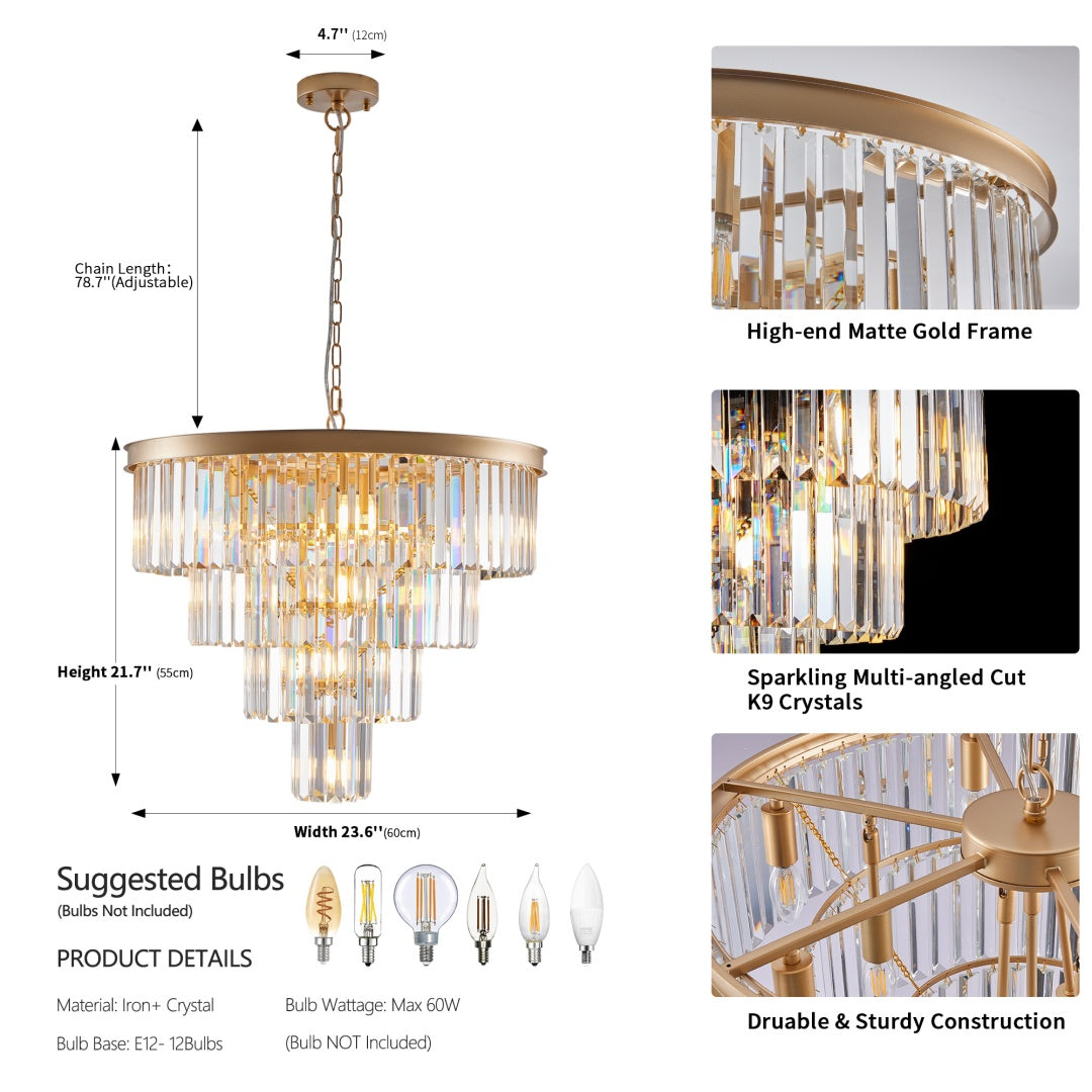 24-Light Four-Tier Golden Crystal Chandelier — Restaurant Dining — view 9