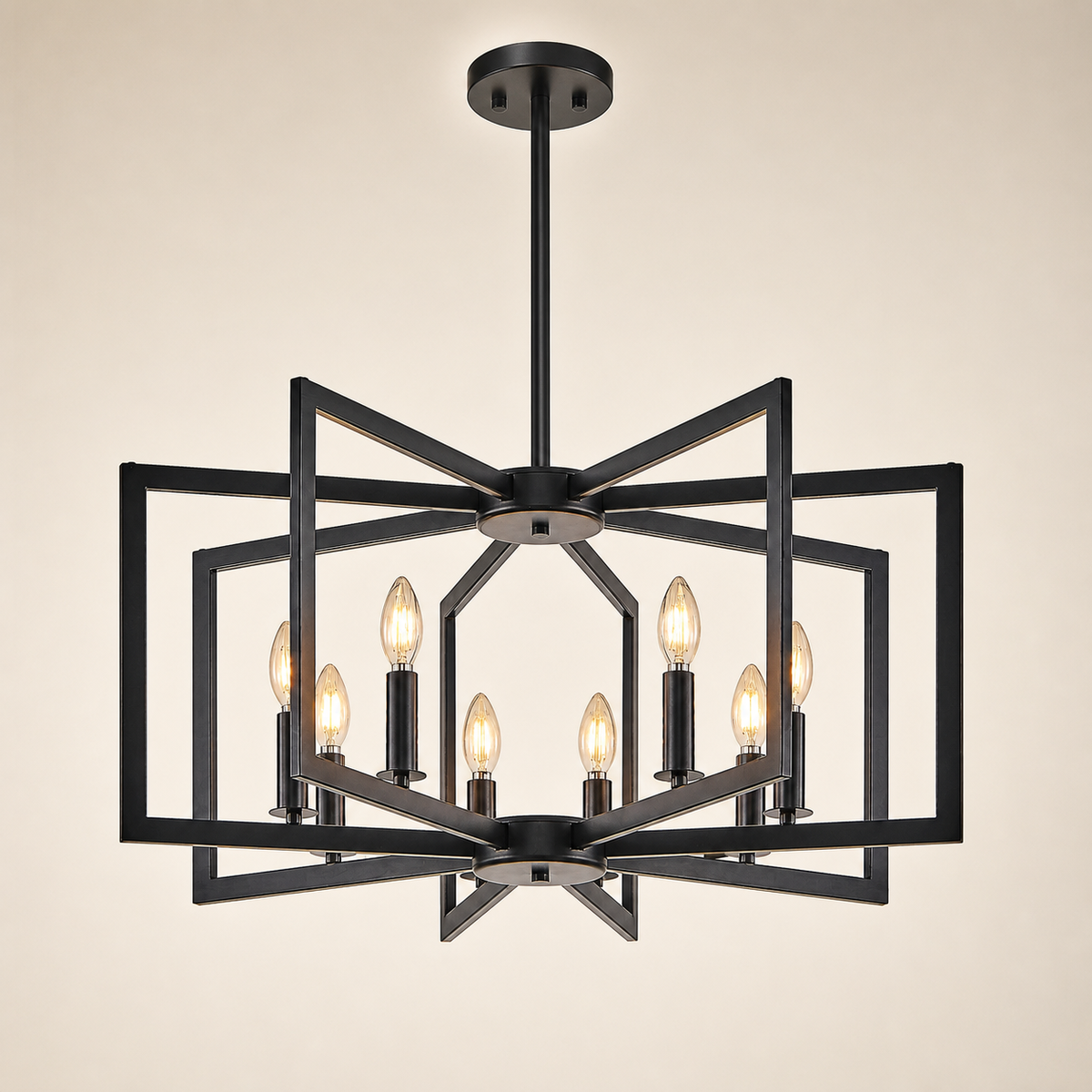 Resto Glow AI product image 2026-08-03 — clean background — Eight-Light Black Geometric Metal Chandelier for Restaurant Dining Tables, Lounge Seating, and Statement Interior Illumination