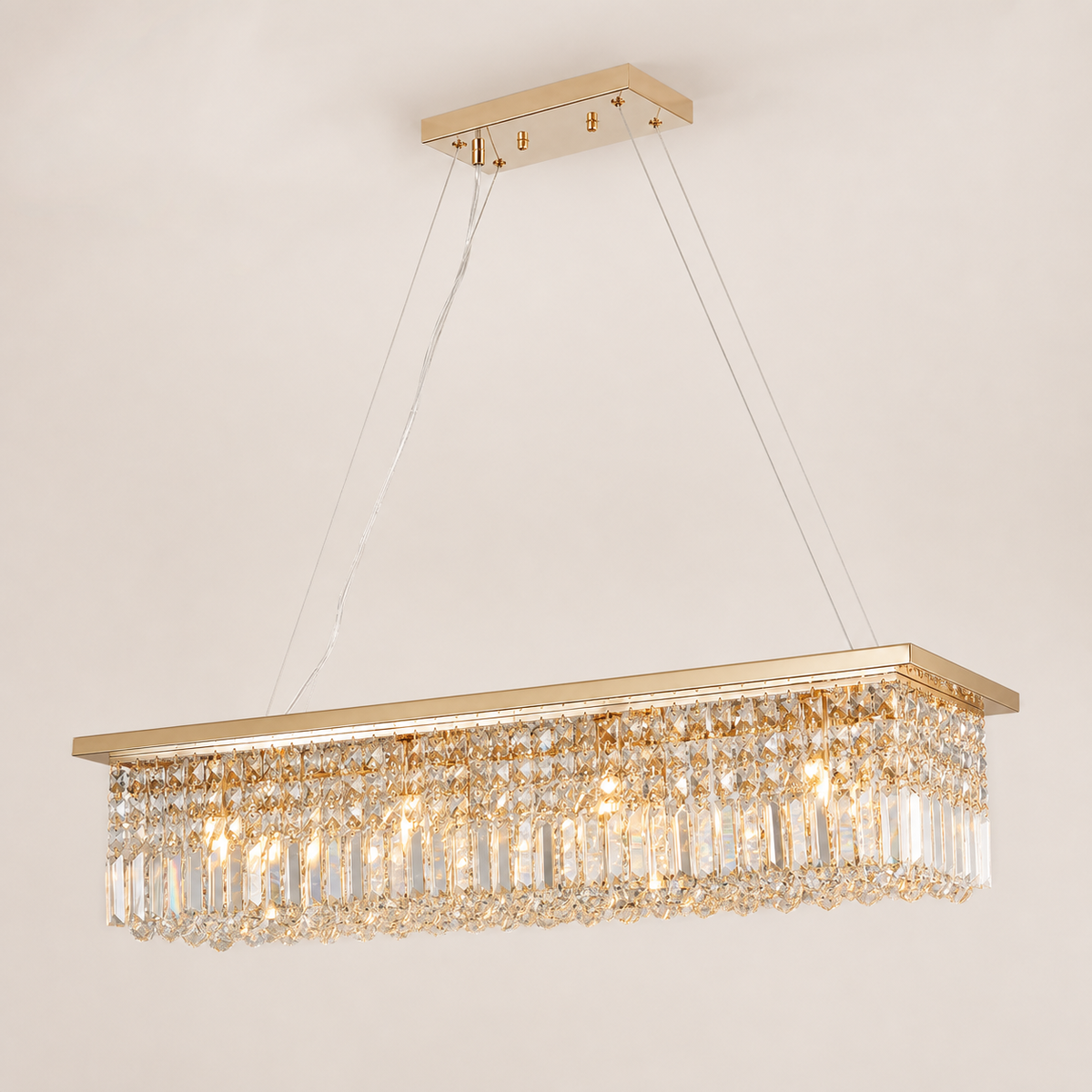 Resto Glow AI product image 2026-08-03 — clean background — Elegant Gold Cascading Crystal Rectangle Pendant for Restaurant Dining Tables, Bar Counters, and Upscale Hospitality Interiors