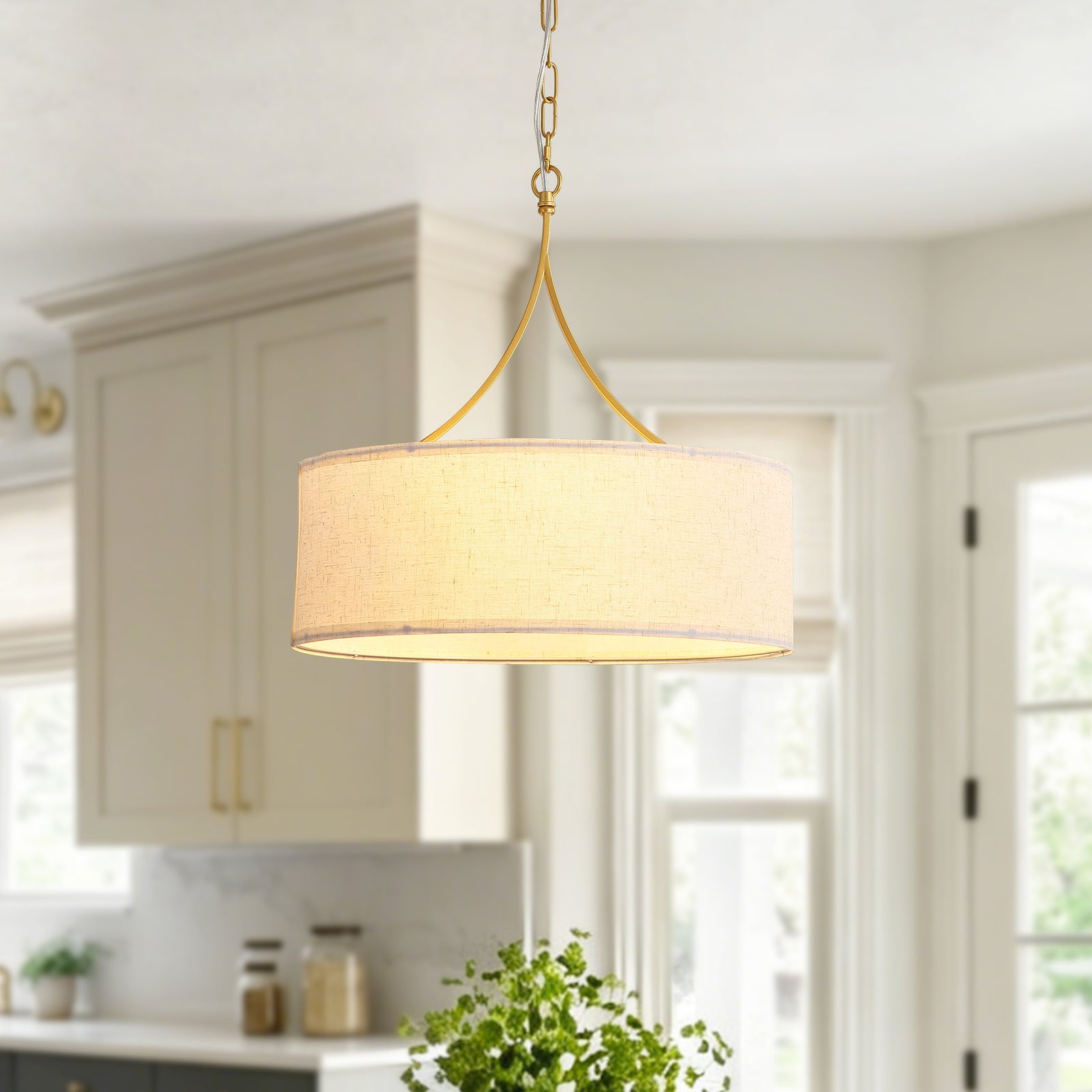 Matte Black 3-Light Fabric Drum Pendant for Restaurant Dining Areas — view 7