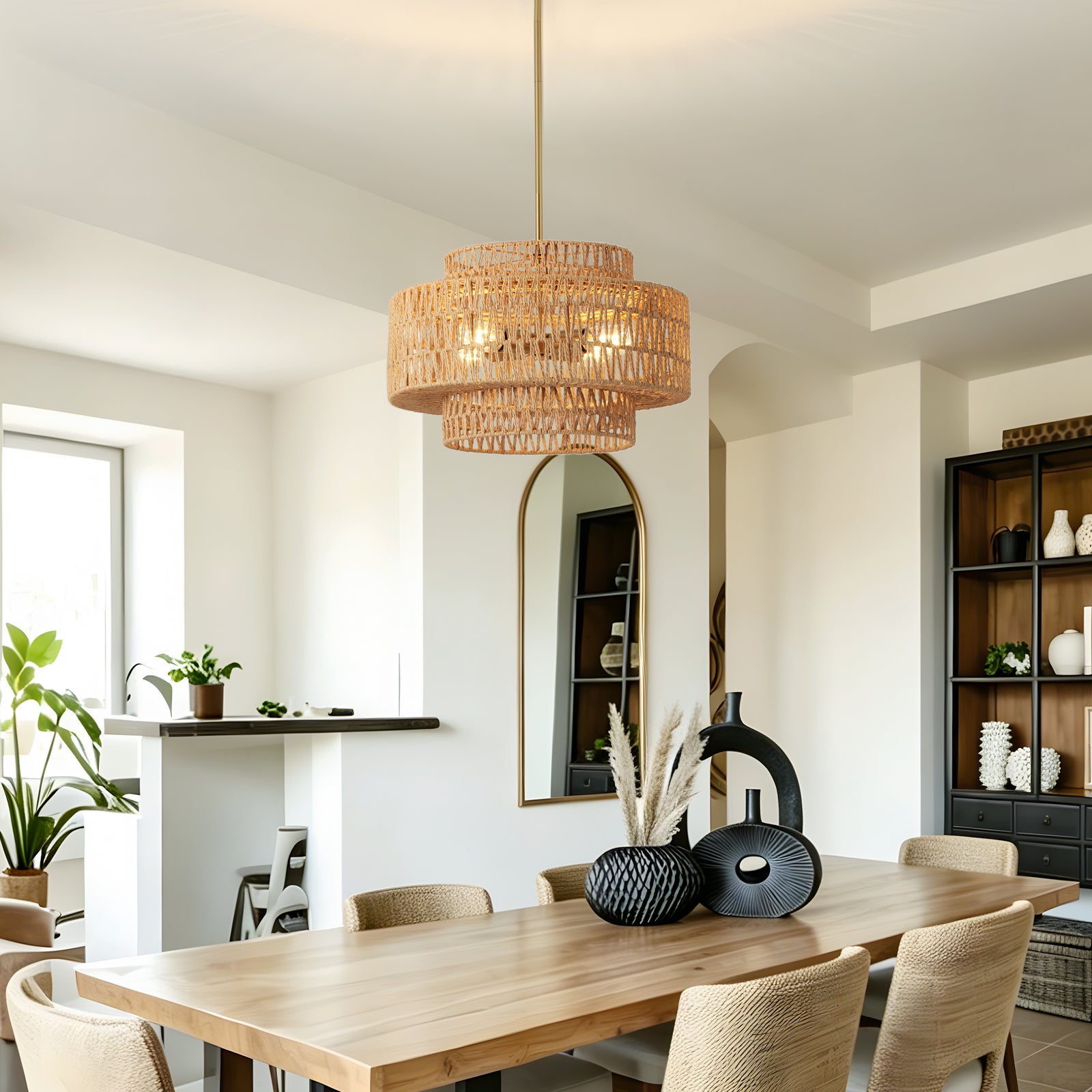 17.7-Inch Brown Rattan 4-Light Chandelier — Restaurant Dining — view 6