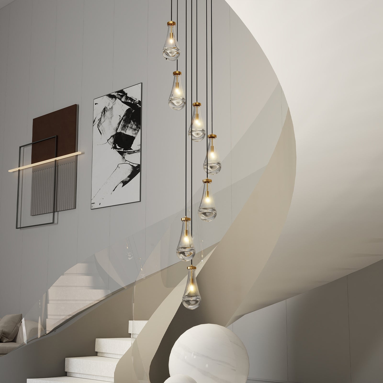 Seven-Light Brass Linear Pendant Chandelier for Restaurant Dining Rooms — view 3