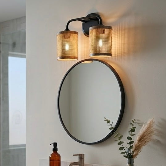 Black Rattan Double-Light Wall Sconce for Restaurant Dining Areas — view 1