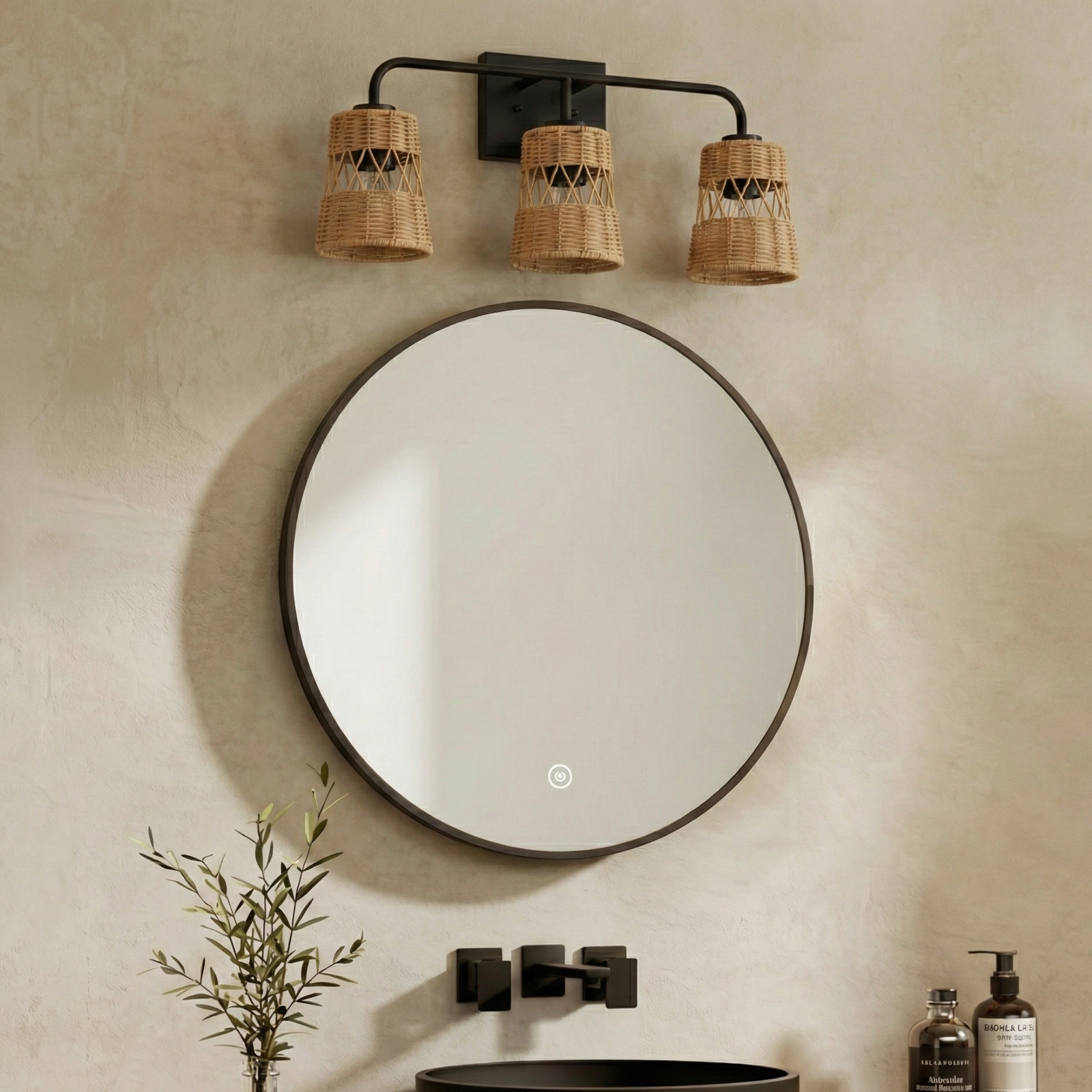 Three-Light Rattan Shade Wall Sconce for Restaurant Restrooms and Dining Corridors — view 2