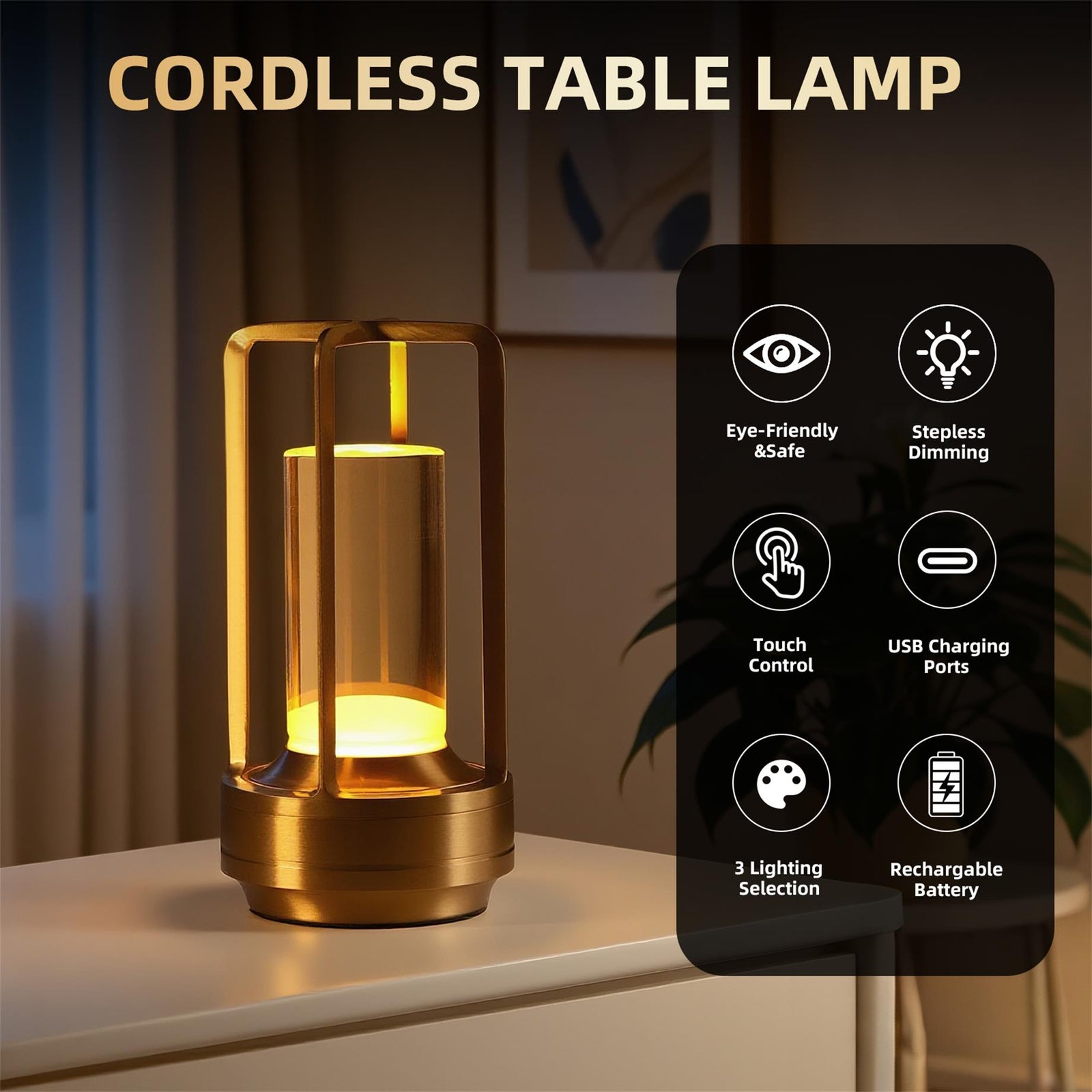 Portable Touch-Control Restaurant Table Lamps — 3-Color Dimming (1 or 2 Pack) — view 6