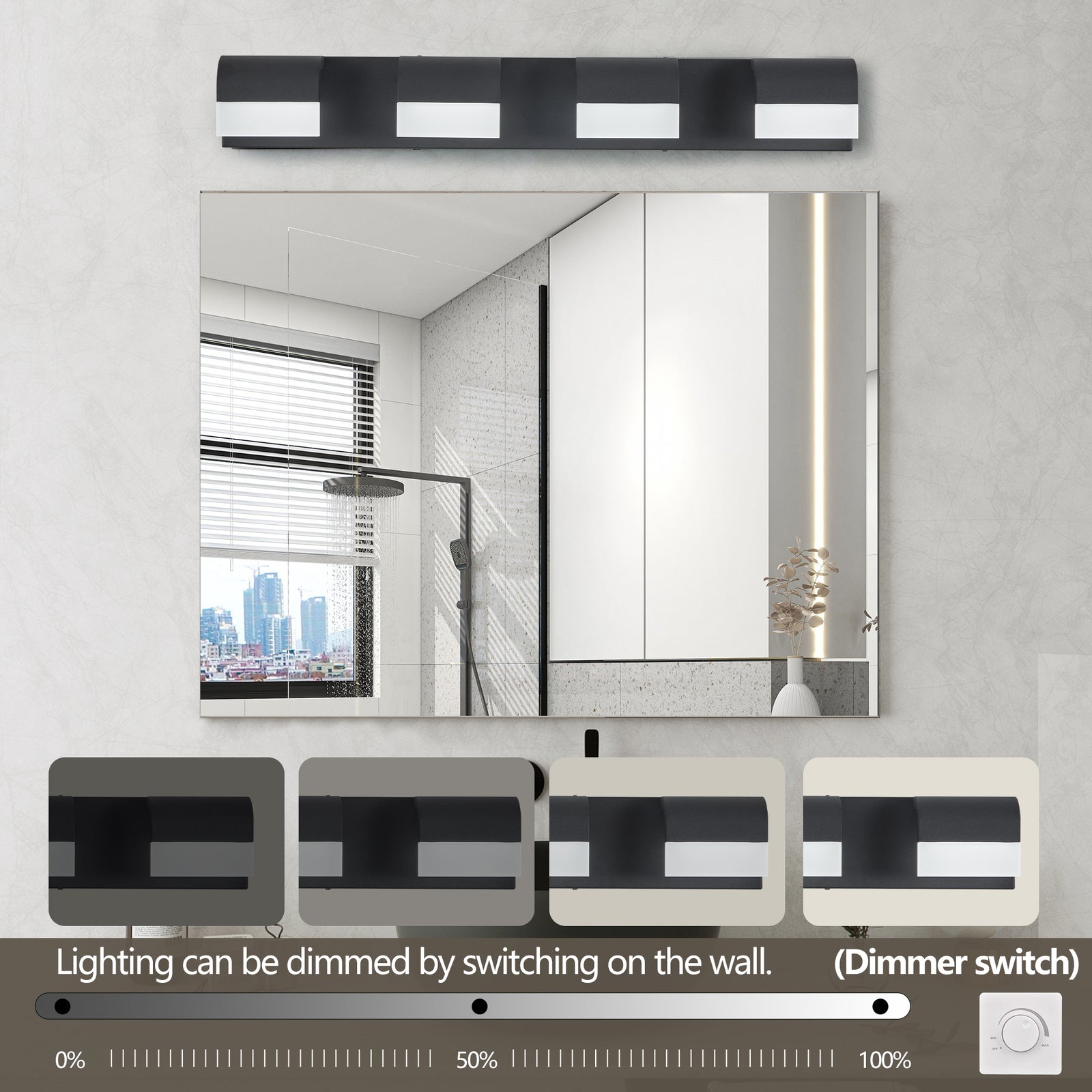 Matte Black 4-Light Acrylic Vanity — Restaurant Washroom — view 4