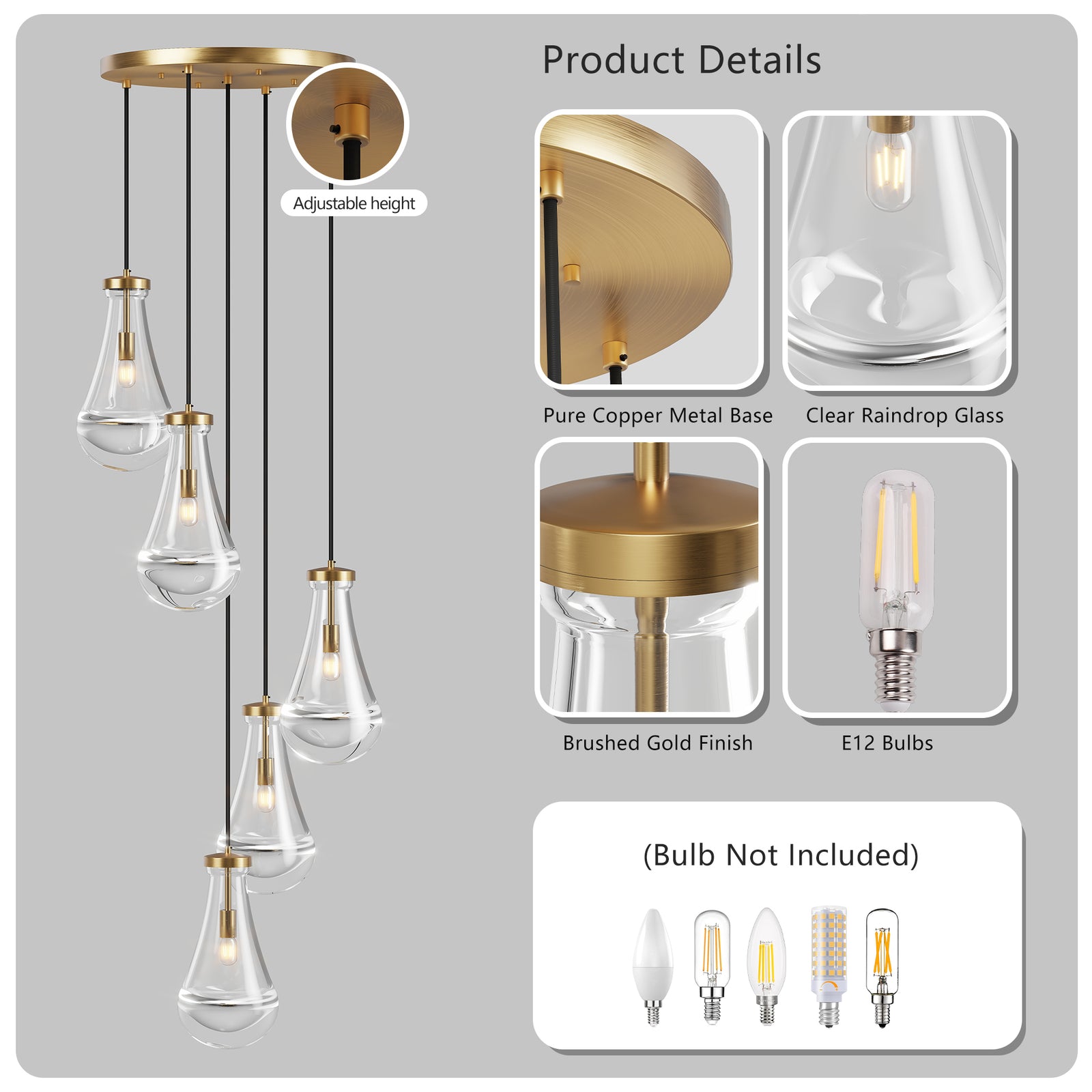 5-Light Brass Cluster Pendant Chandelier — Restaurant Dining — view 5