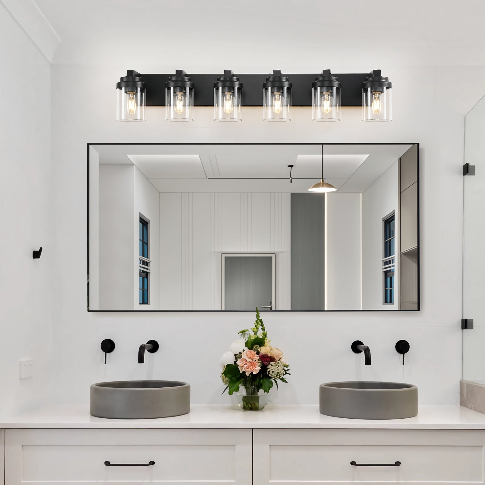 Black 6-Light Clear-Glass Vanity Light — Restaurant Washroom — view 5