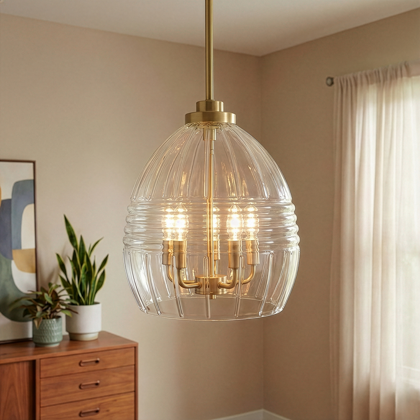 Zen Satin Brass 5-Light Clear Glass Pendant for Restaurant Dining Tables — view 3