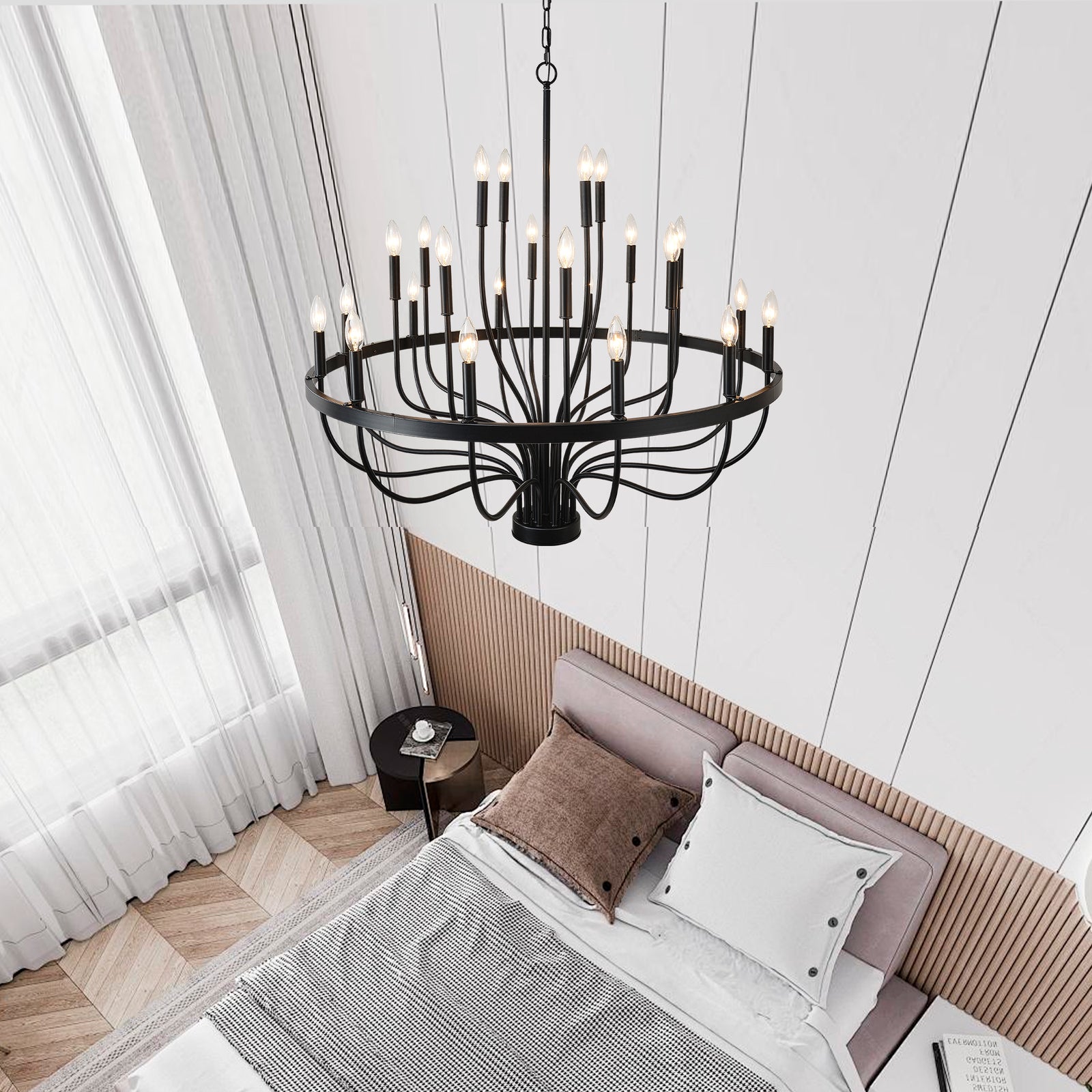 Matte Black 24-Light Chandelier — Industrial Dining Room Feature — view 9
