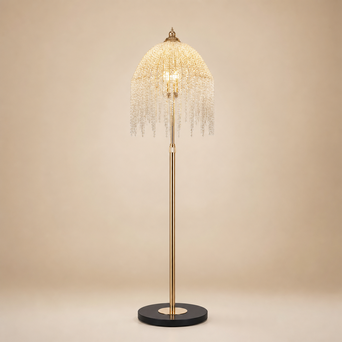 Resto Glow AI product image 2026-08-03 — clean background — Gold Crystal Waterfall Floor Lamp — 3-Light Lounge Feature