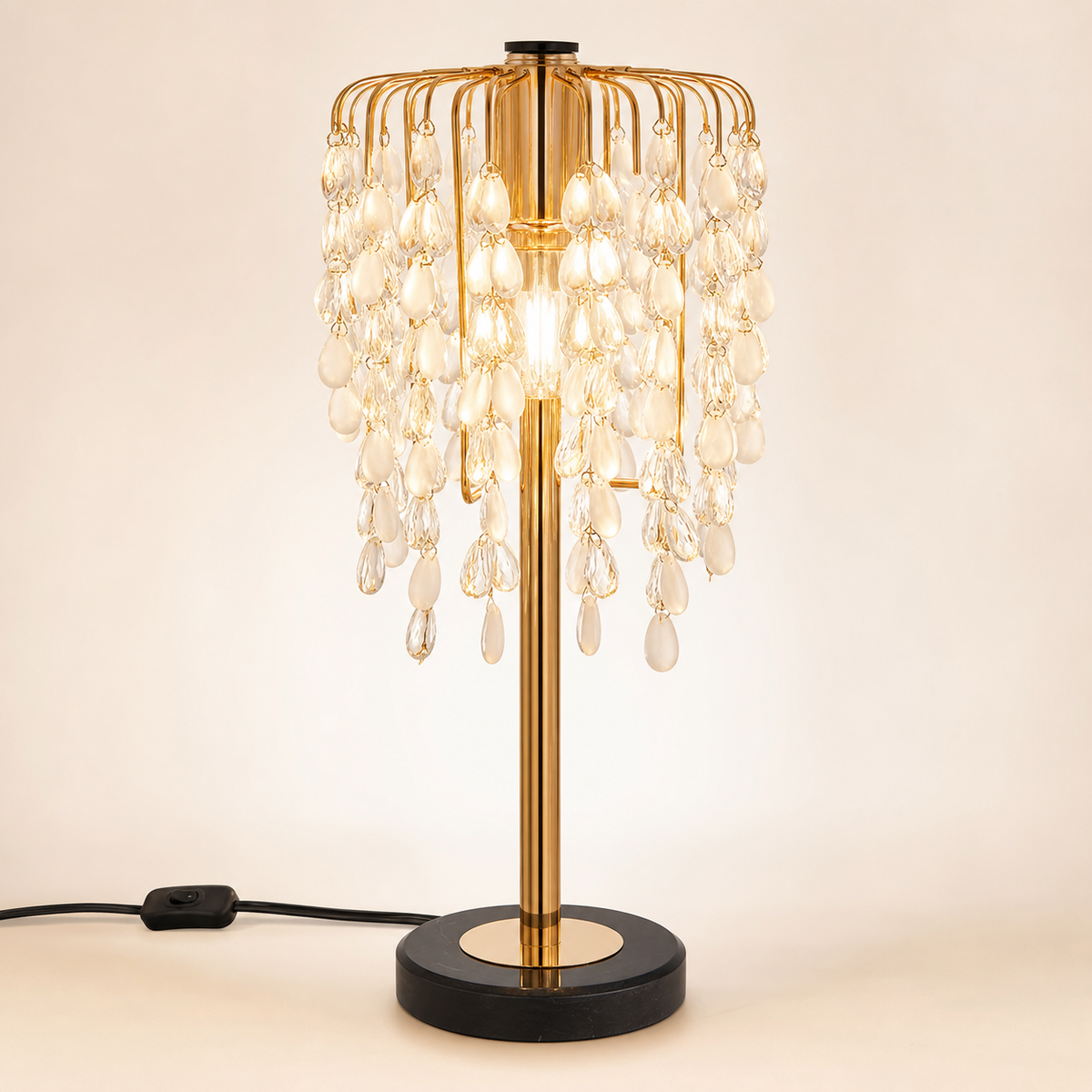 Resto Glow AI product image 2026-08-03 — clean background — Gold Crystal Waterfall Table Lamp — 19-Inch Dining Accent