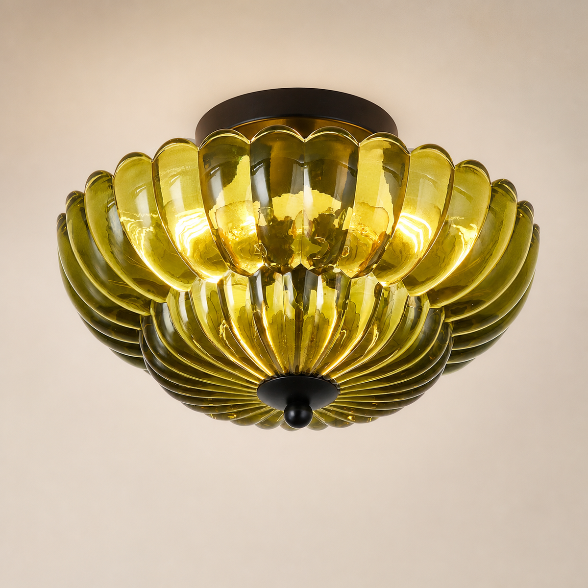 Resto Glow AI product image 2026-08-03 — clean background — Green Glass 3-Bulb Semi-Flush Ceiling Light for Restaurant Dining Rooms