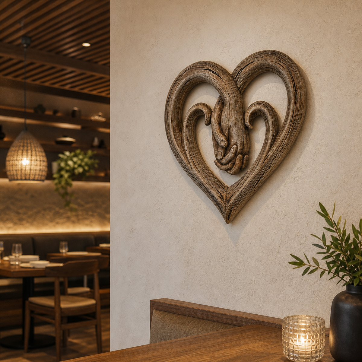 Resto Glow AI product image 2026-08-03 — restaurant view — Hand-in-hand Heart Wall Decor Decorative Art Piece  Gift Item  Craft Ornament  Wooden Hanging Decoration