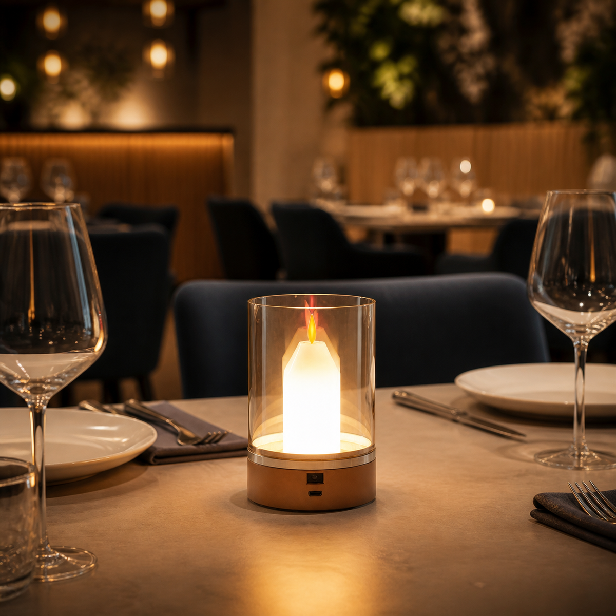 Resto Glow AI product image 2026-08-03 — restaurant view — Hand-Sweep Sensor Table Lamp for Restaurant Tables