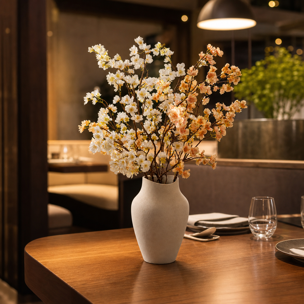 Resto Glow AI product image 2026-08-03 — restaurant view — High-end Light-luxury Restaurant Decor Simulated Peach Blossom Branch