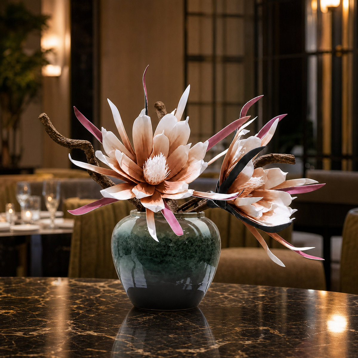 Resto Glow AI product image 2026-08-03 — restaurant view — Holly Vase Ornament Artificial Flowers For Floral Arrangements Decor Item