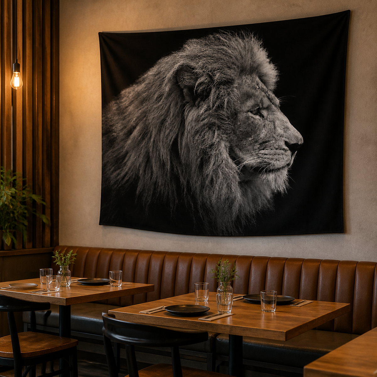 Resto Glow AI product image 2026-08-03 — restaurant view — Printed Restaurant Feature Wall Tapestry