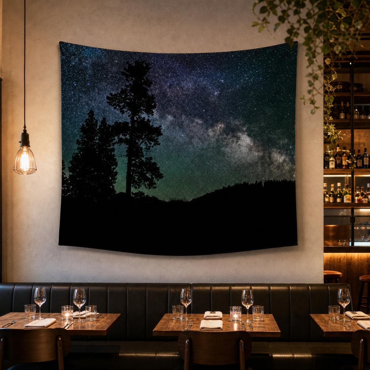 Resto Glow AI product image 2026-08-03 — restaurant view — Restaurant Feature Wall Tapestry — Design 1