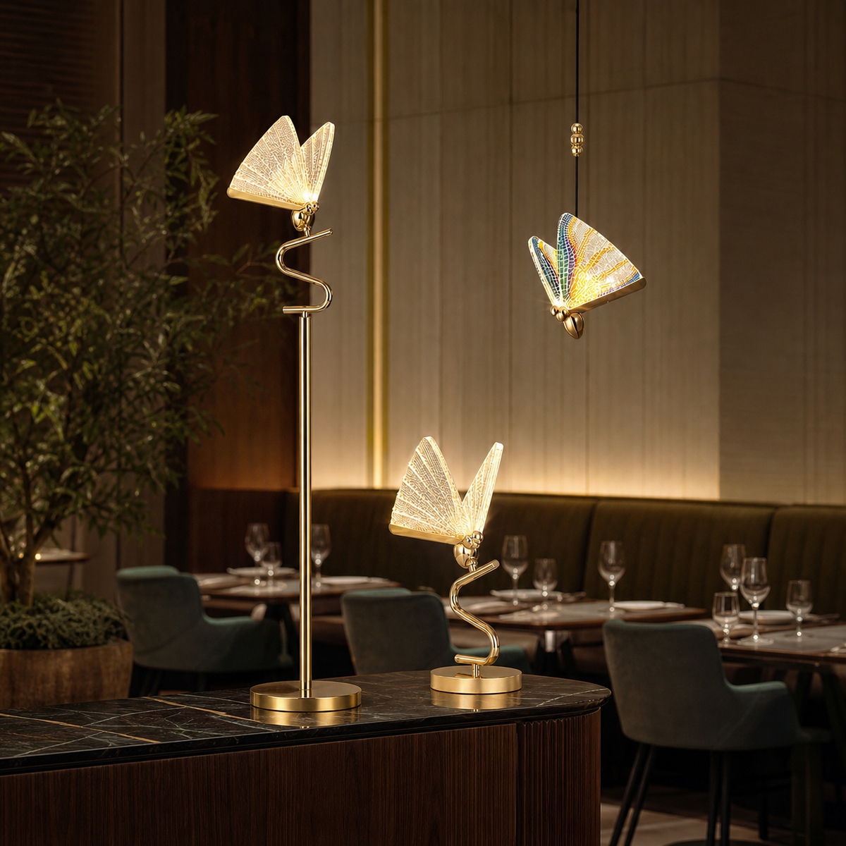 Resto Glow AI product image 2026-08-03 — restaurant view — Butterfly Art Chandelier for Restaurant Lounges