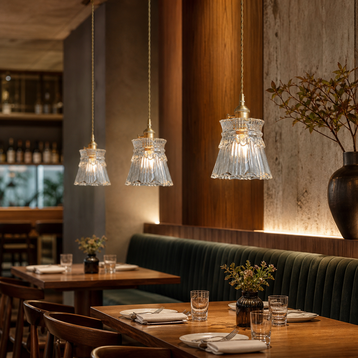 Resto Glow AI product image 2026-08-03 — restaurant view — Japanese Copper & Glass Pendant Light for Restaurants