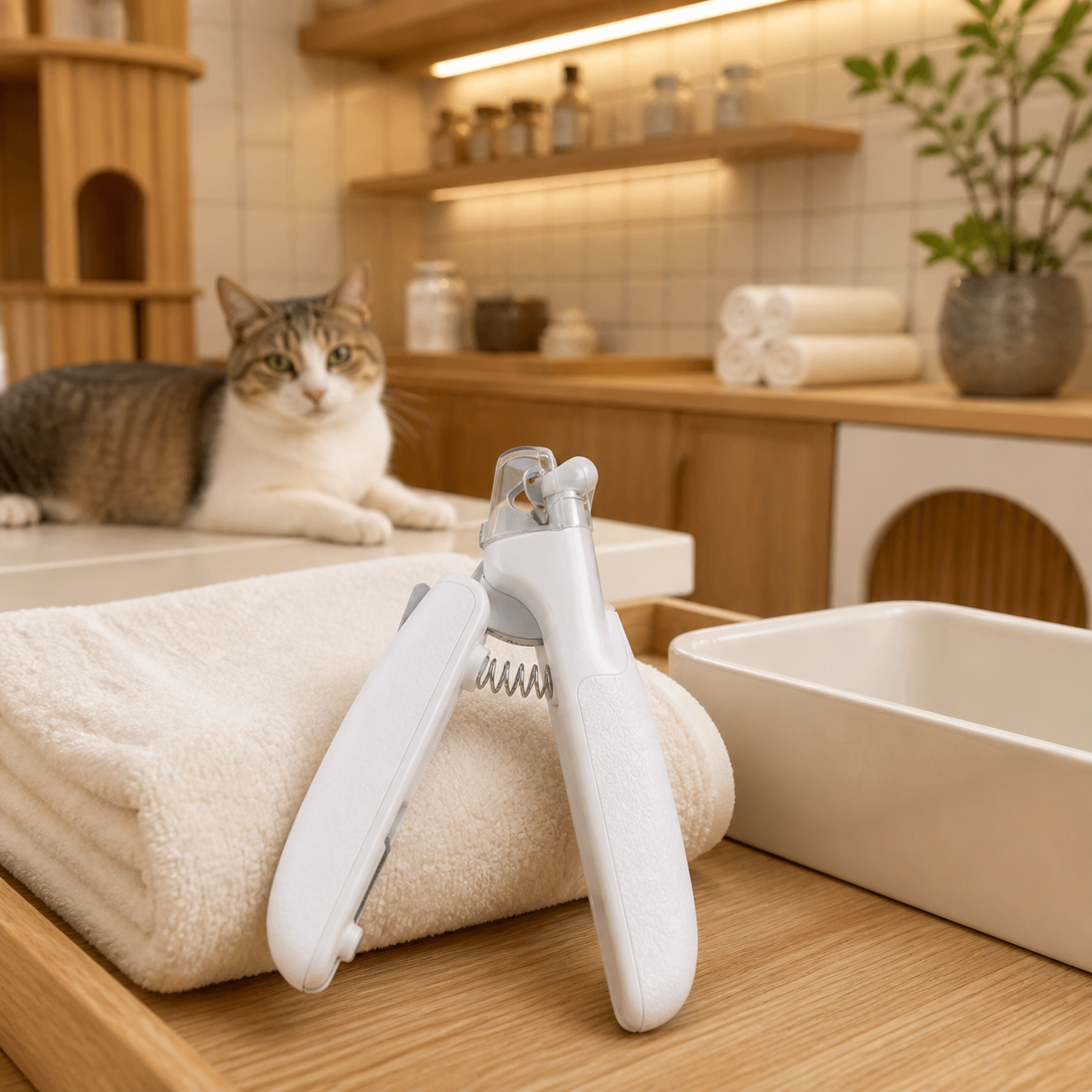 Resto Glow AI product image 2026-08-06 — cat café view — LED-Illuminated Nail Clipper for Cat Café Care Stations, Foster Teams, and Controlled Grooming Sessions
