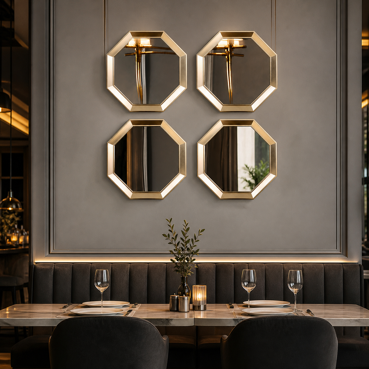 Resto Glow AI product image 2026-08-03 — restaurant view — Light Luxury Restaurant Table Wall