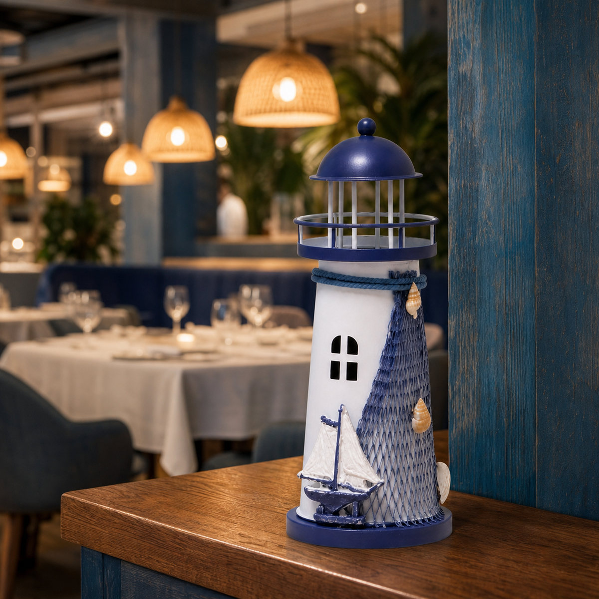 Resto Glow AI product image 2026-08-03 — restaurant view — Lighthouse decor garden statue Mediterranean decor
