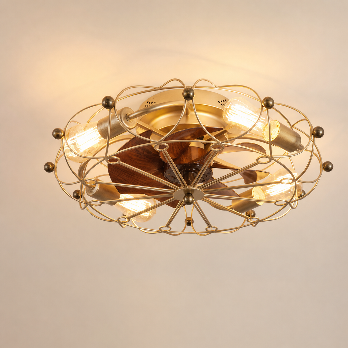 Resto Glow AI product image 2026-08-03 — clean background — Low-Profile Black Cage Ceiling Fan with Integrated Light for Restaurant Patios