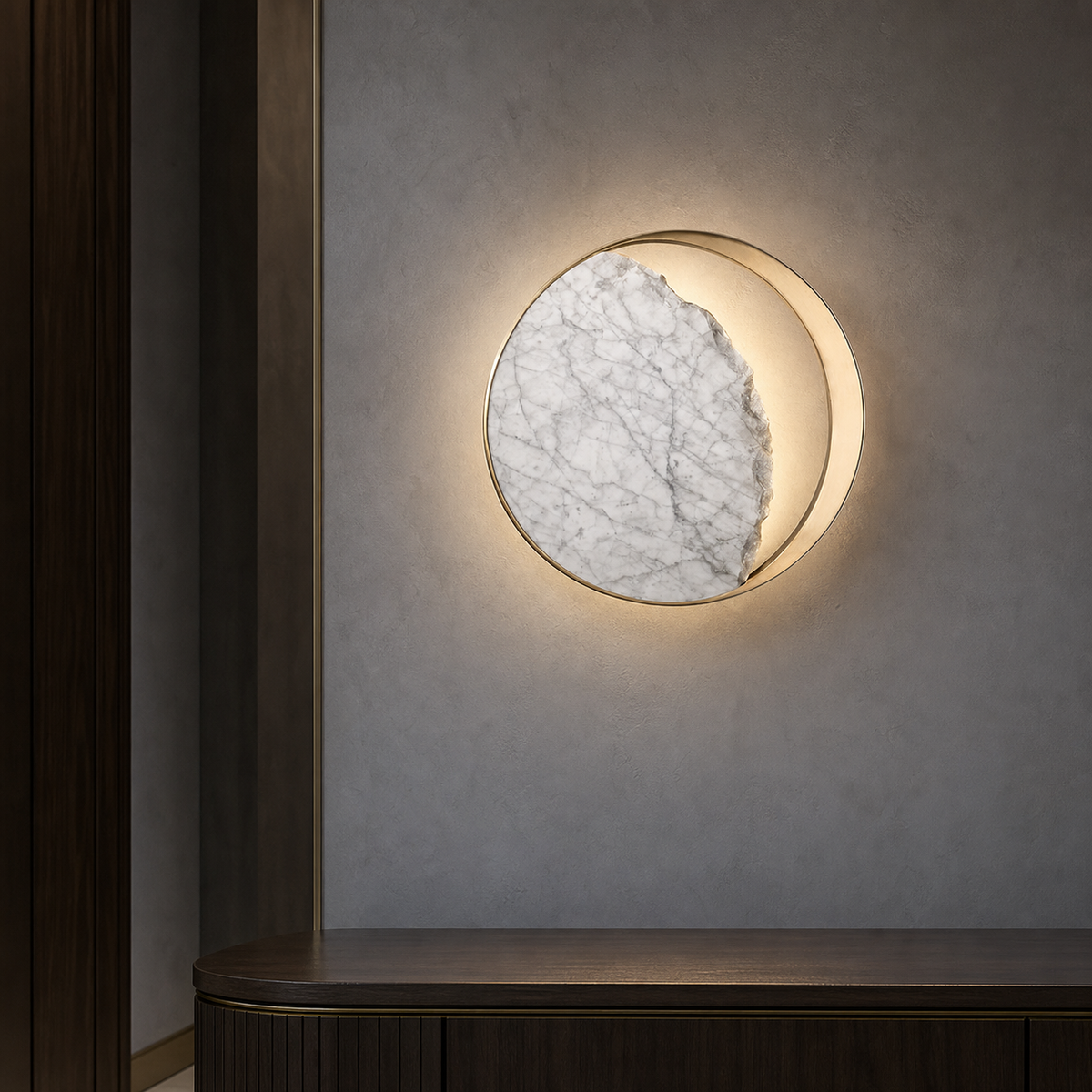 Resto Glow AI product image 2026-08-02 — restaurant view — Marble Eclipse LED Wall Sconce for Restaurants