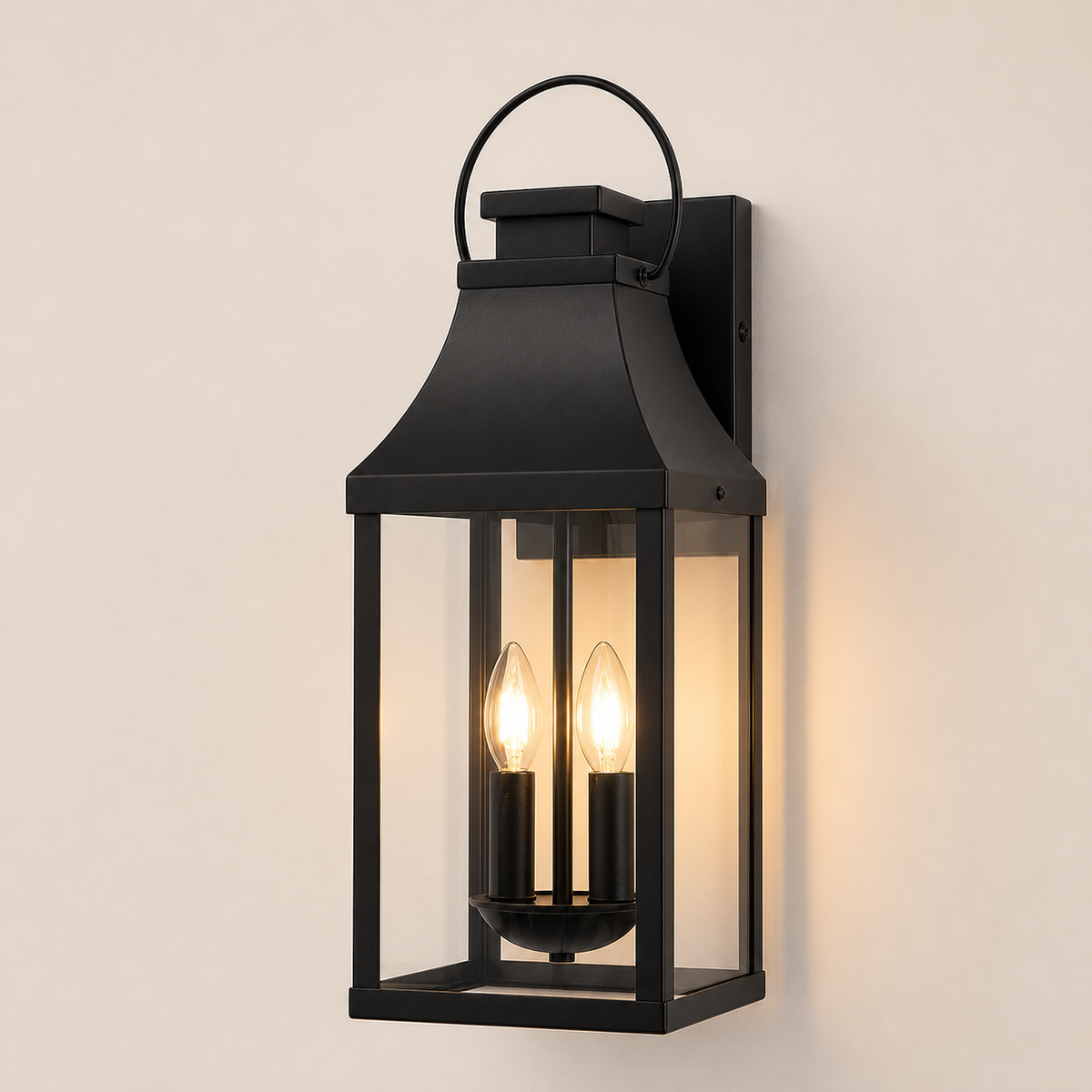 Resto Glow AI product image 2026-08-03 — clean background — Matte Black 2-Light Outdoor Wall Sconce for Restaurant Entrances