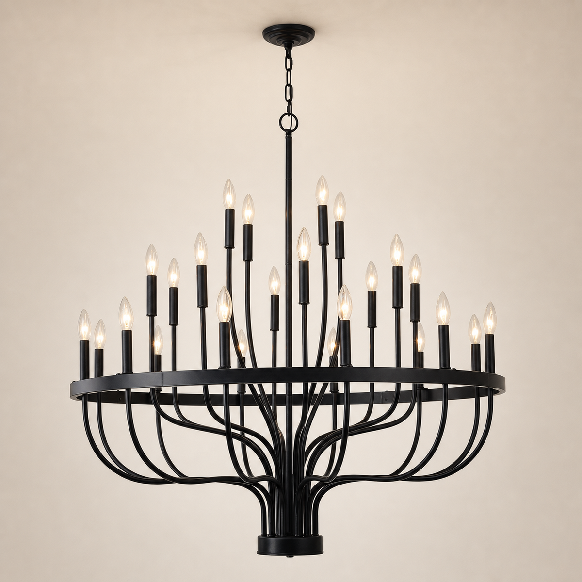 Resto Glow AI product image 2026-08-03 — clean background — Matte Black 24-Light Chandelier — Industrial Dining Room Feature