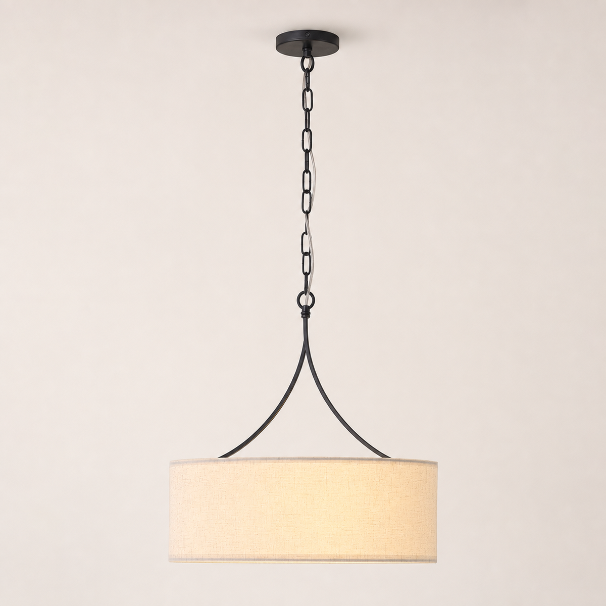 Resto Glow AI product image 2026-08-03 — clean background — Matte Black 3-Light Fabric Drum Pendant for Restaurant Dining Areas