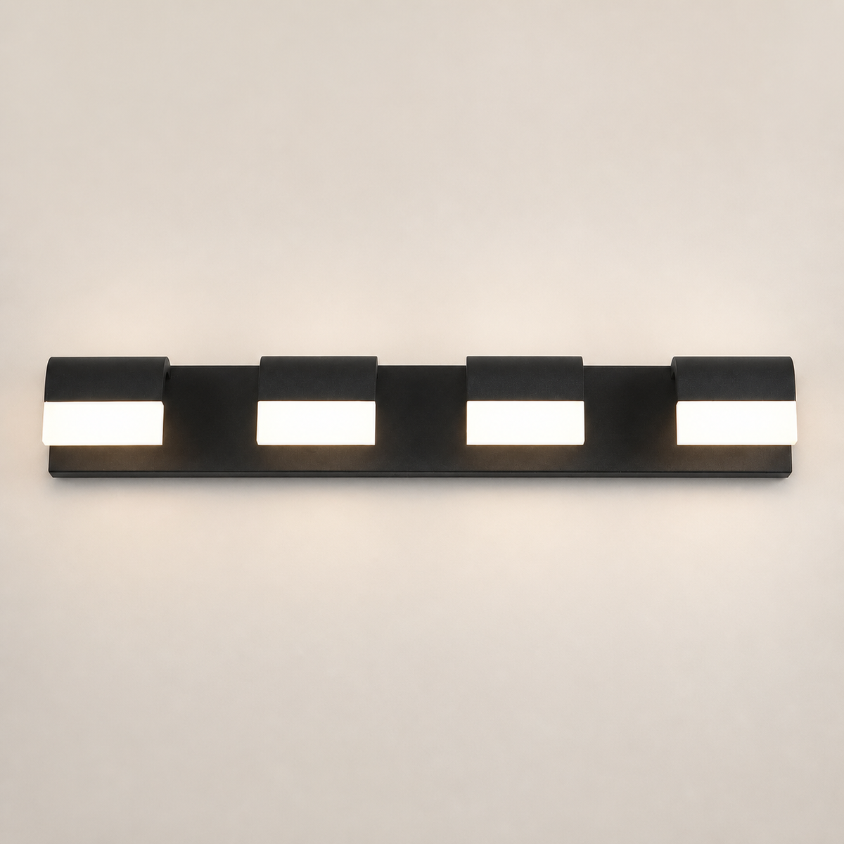 Resto Glow AI product image 2026-08-03 — clean background — Matte Black 4-Light Acrylic Vanity — Restaurant Washroom