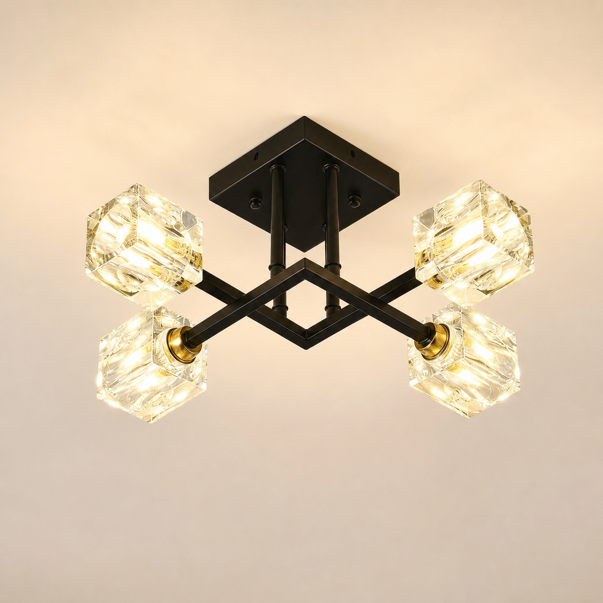 Resto Glow AI product image 2026-08-03 — clean background — Matte Black 4-Light Crystal Ceiling Fixture for Restaurant Dining Rooms