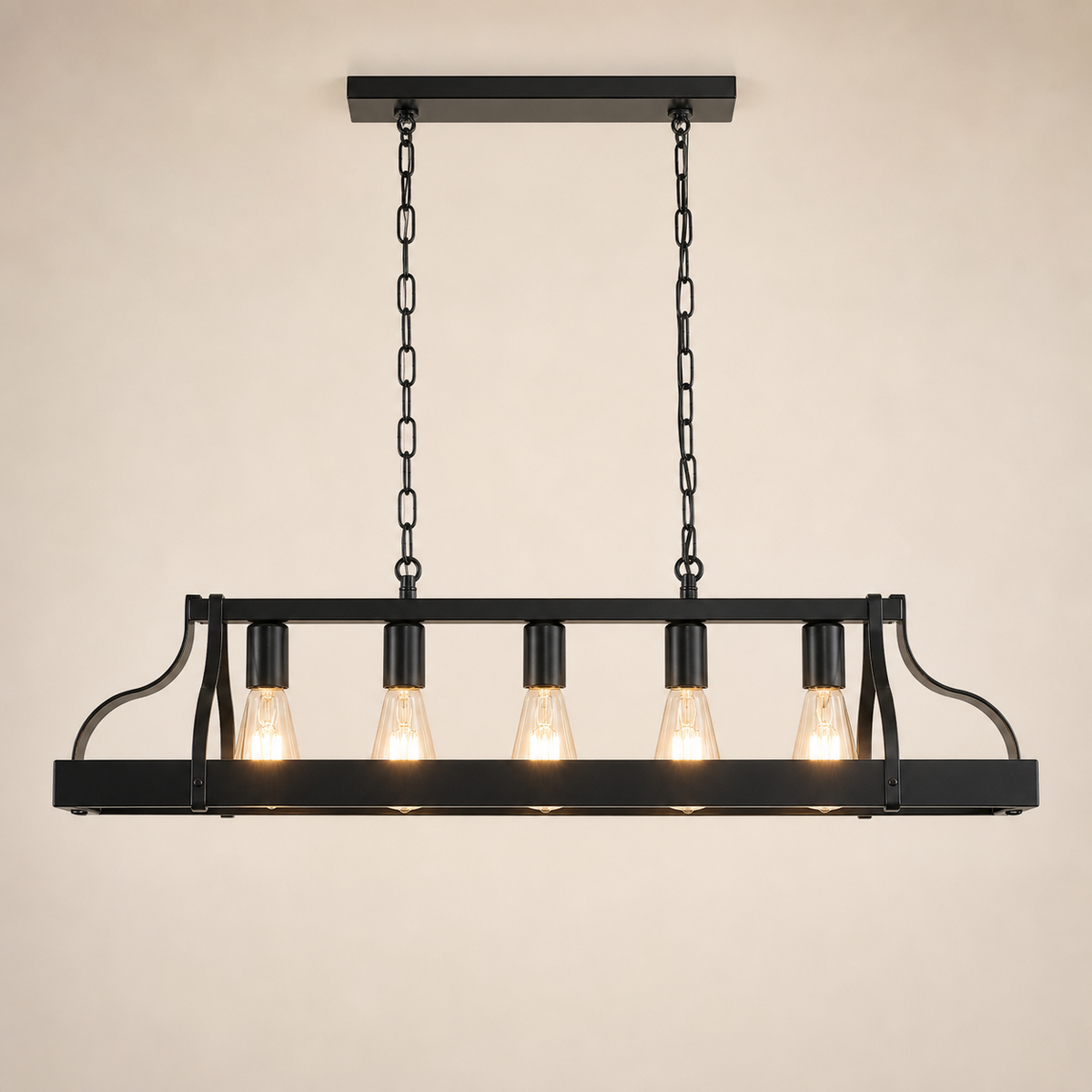 Resto Glow AI product image 2026-08-03 — clean background — Matte Black 5-Light Linear Pendant — Restaurant Dining Room