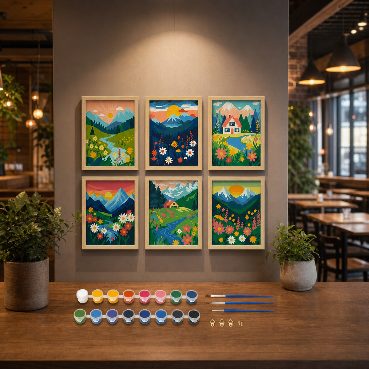 Resto Glow AI product image 2026-08-03 — restaurant view — Mini Painting Set 15x20 Framed 6-Piece DIY Digital Oil Painting Kit