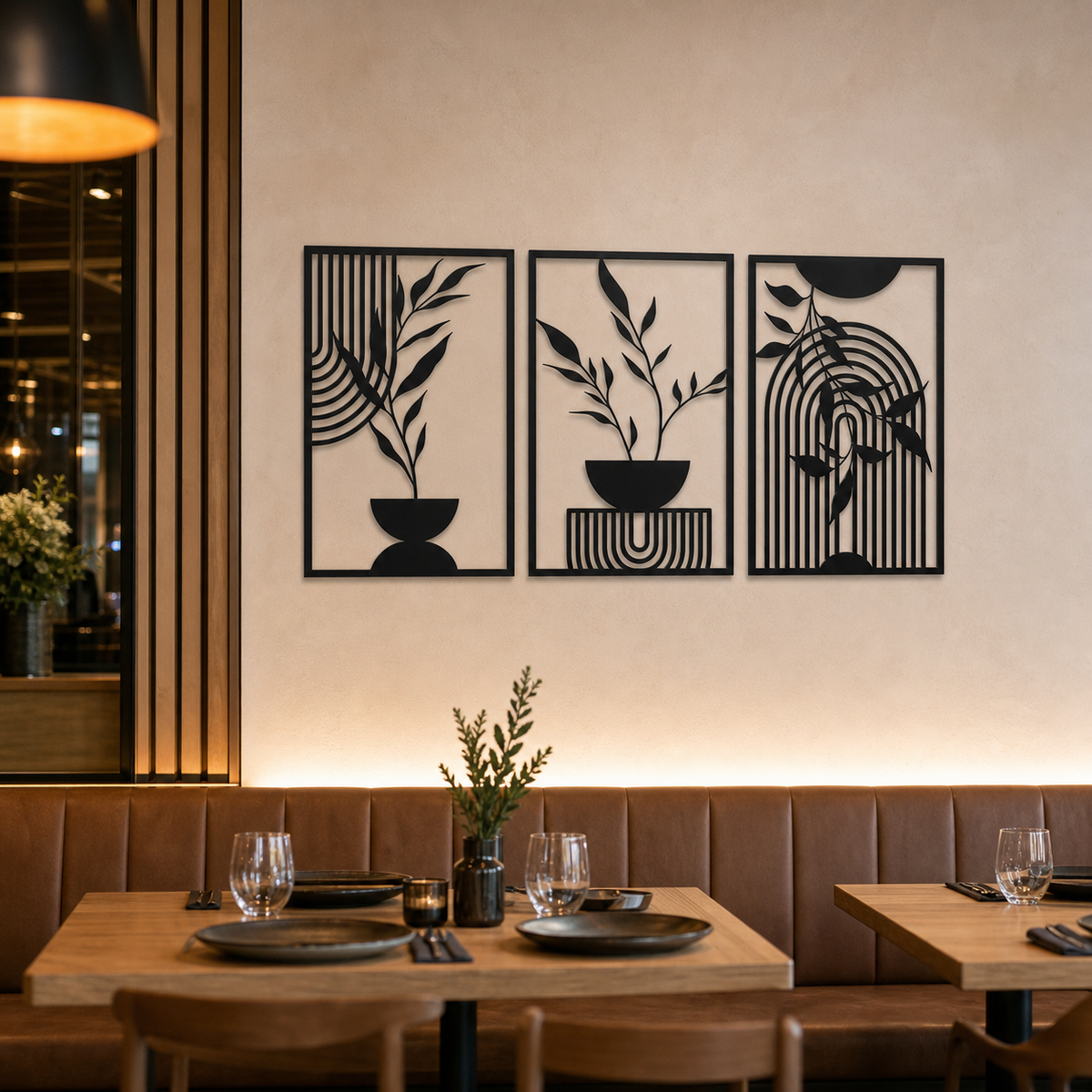 Resto Glow AI product image 2026-08-03 — restaurant view — Minimalist Abstract Art Metal Wall Decor