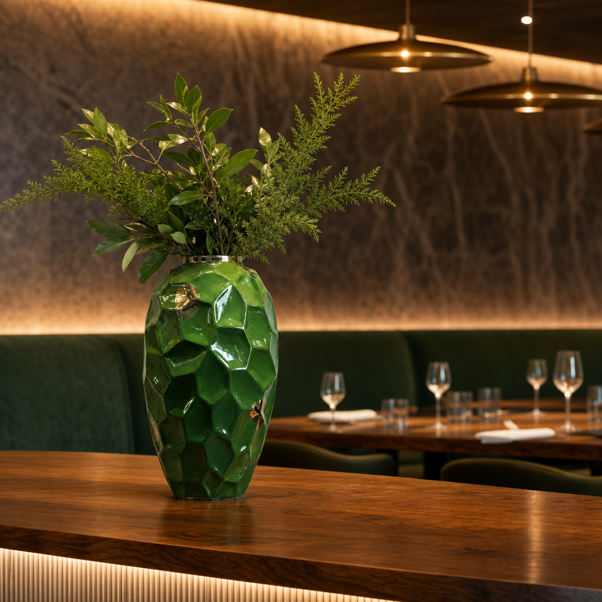 Resto Glow AI product image 2026-08-03 — restaurant view — Modern Ceramic Floral Arrangement Vase