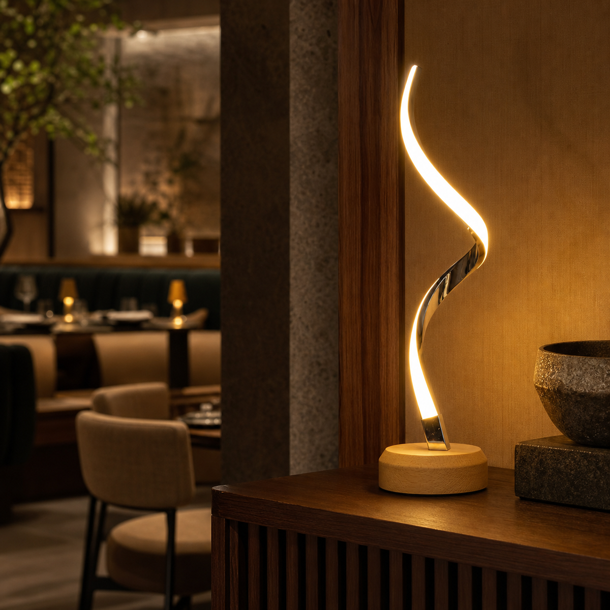 Resto Glow AI product image 2026-08-03 — restaurant view — Modern Curved LED Accent Table Lamp