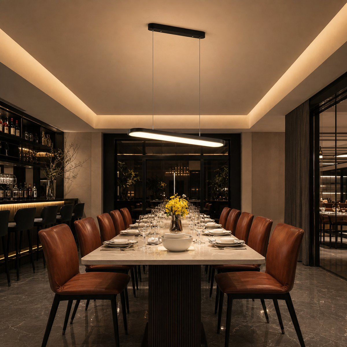 Resto Glow AI product image 2026-08-03 — restaurant view — Modern Linear LED Pendant Light for Restaurant Bars