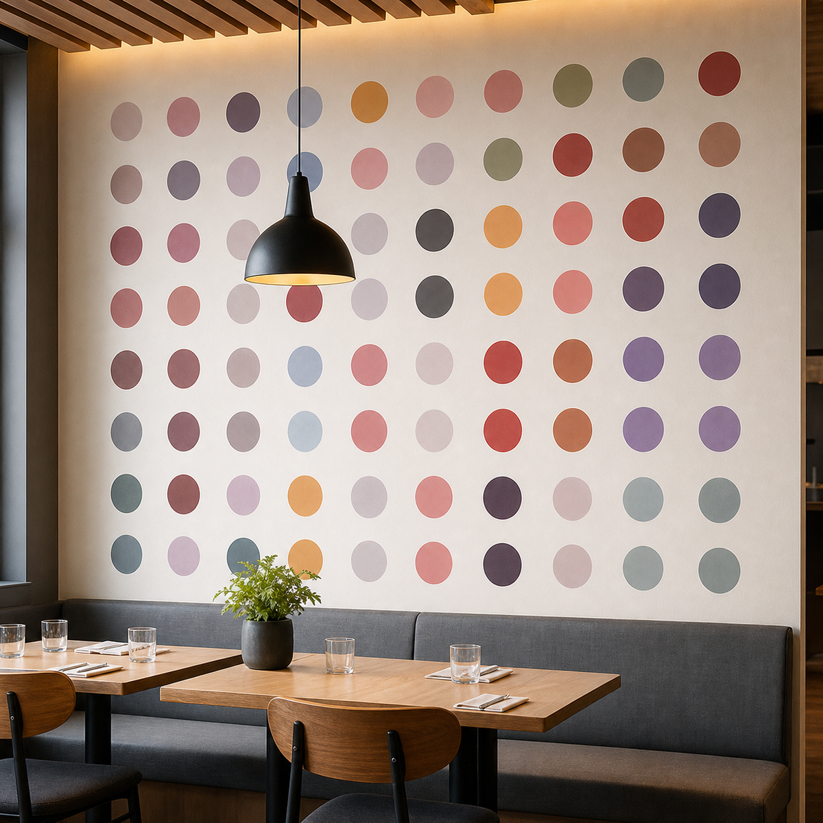 Resto Glow AI product image 2026-08-03 — restaurant view — Modern Minimalist Morandi Color Dot 48-Piece Self-Adhesive Wall Sticker Set For Café & Dining Room