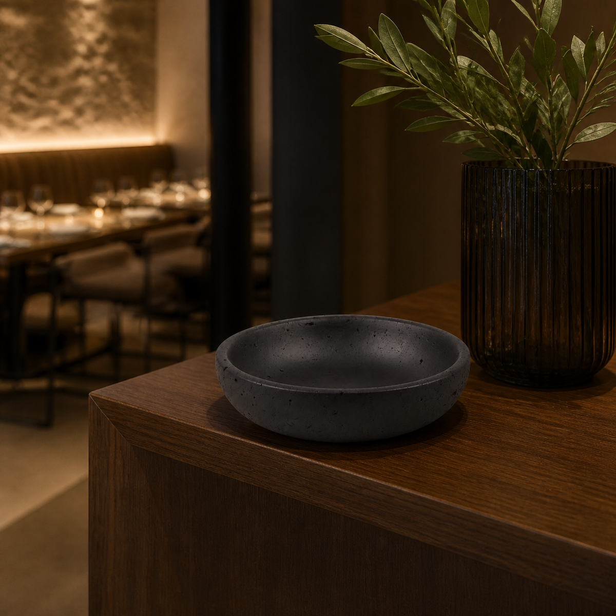 Resto Glow AI product image 2026-08-03 — restaurant view — Modern Organic Black 20cm Decorative Accent Tray For Host Stand & Tabletop