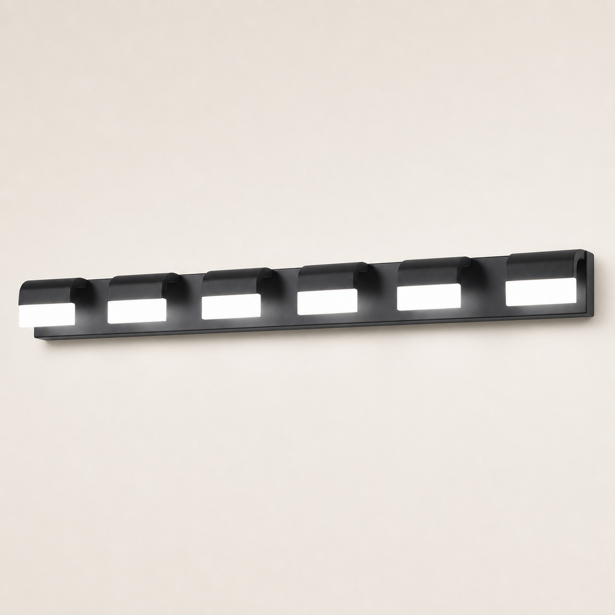 Resto Glow AI product image 2026-08-03 — clean background — Modern White 6-Light LED Vanity Bar for Restaurant Restrooms and Mirrors