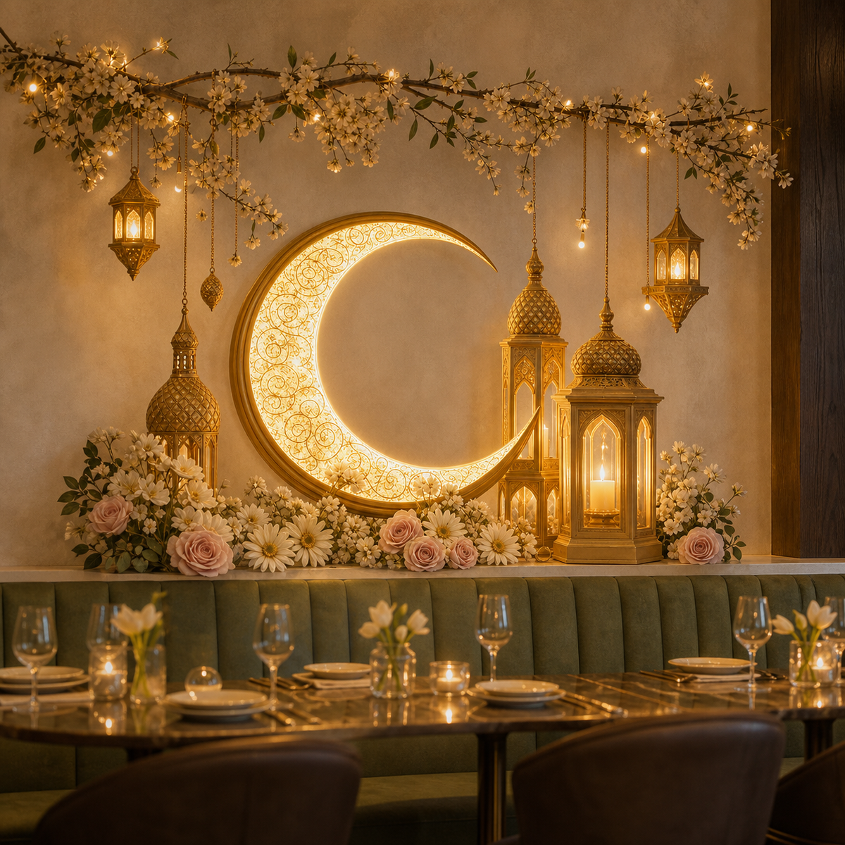 Resto Glow AI product image 2026-08-03 — restaurant view — Moon Backdrop Hanging Decor For Wall Decoration