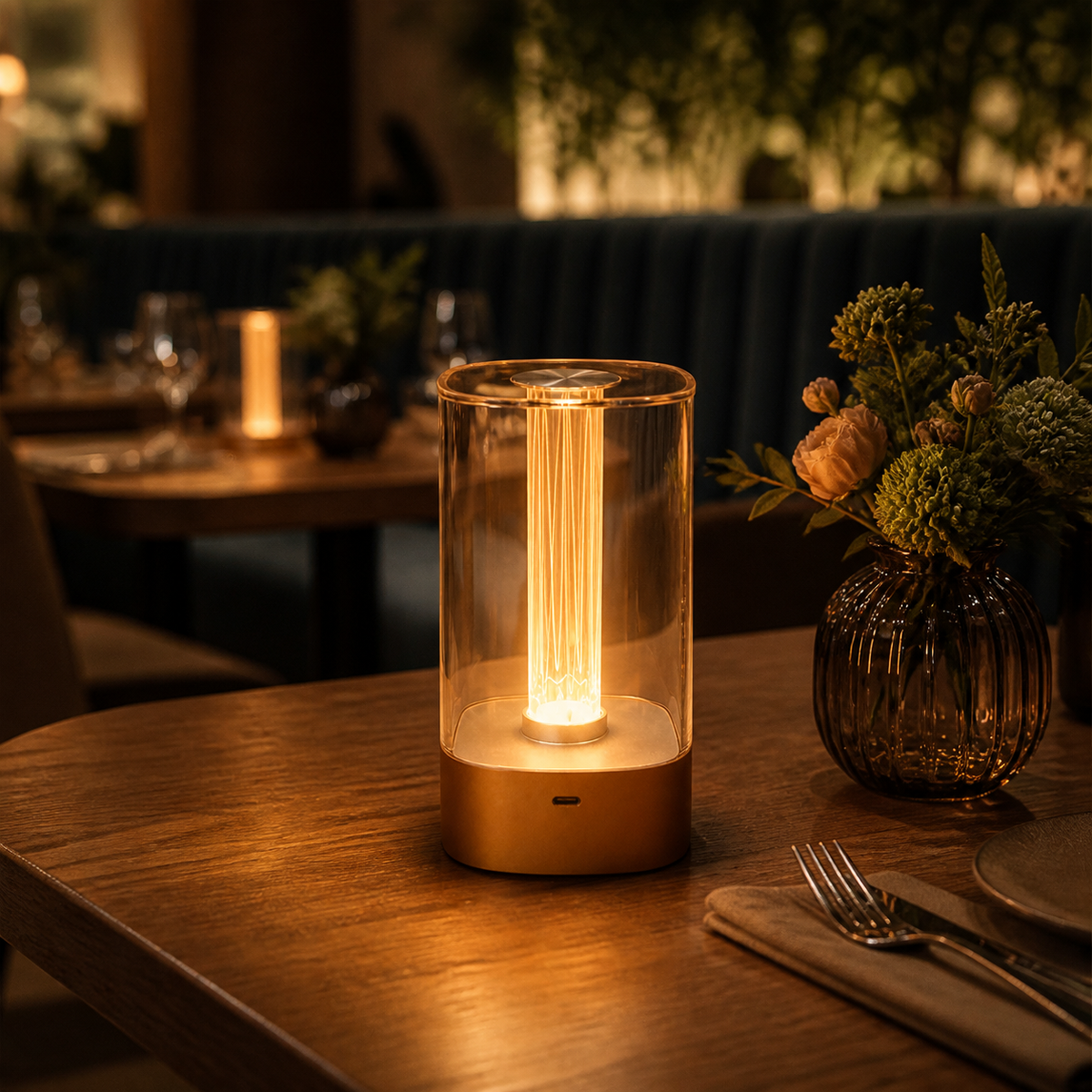 Resto Glow AI product image 2026-08-03 — restaurant view — Rechargeable LED Restaurant Table Lamp